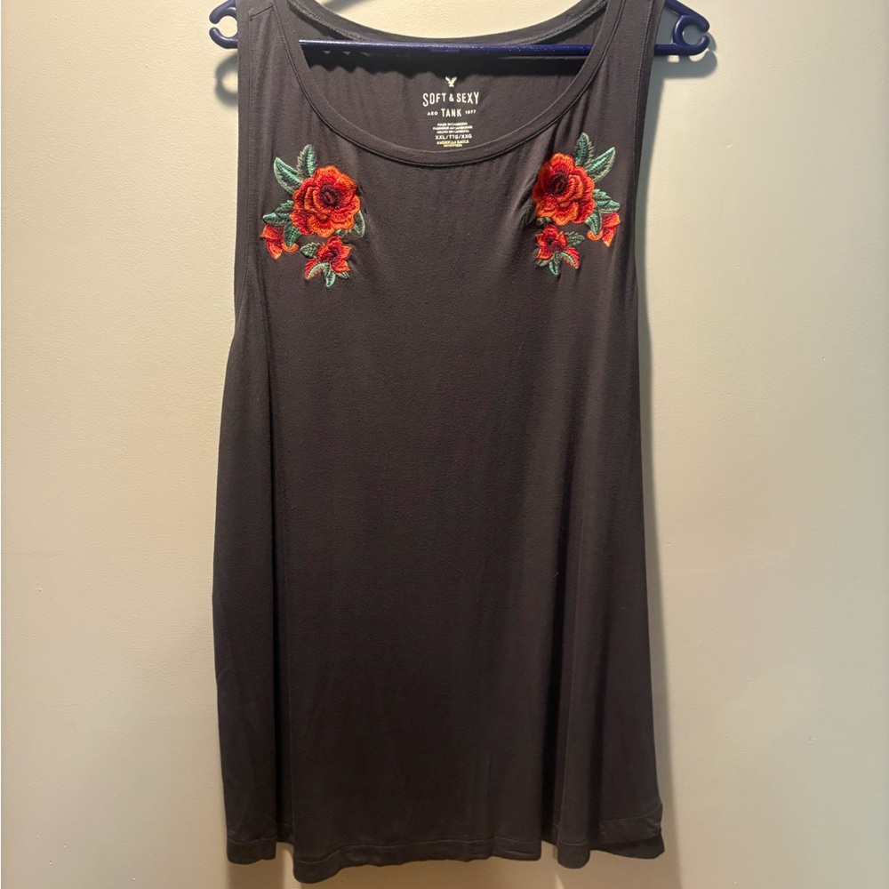 American Eagle Outfitters Black Tank Top with Red Floral Design